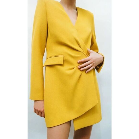 ZARA WOMAN LIMITED EDITION YELLOW DRAPED BLAZER DRESS SIZE S Asymmetric - Picture 5 of 8